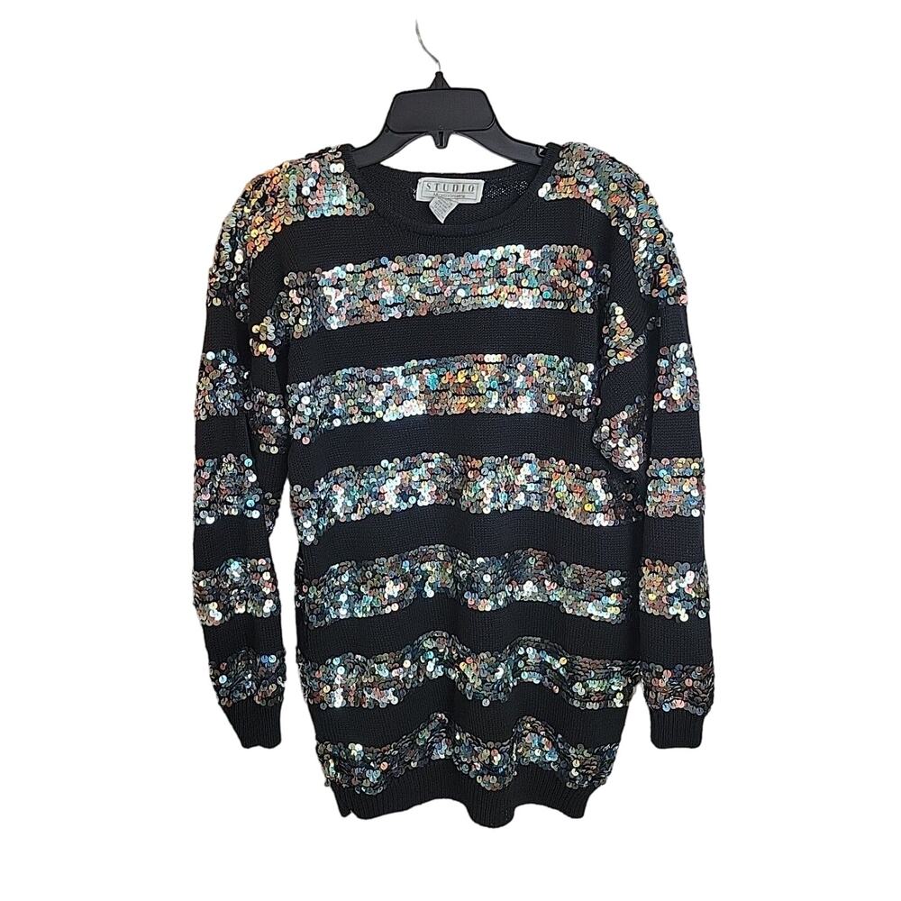 Studio Michelle Stuart Black Striped Allover Sequin Pullover Sweater Size Medium